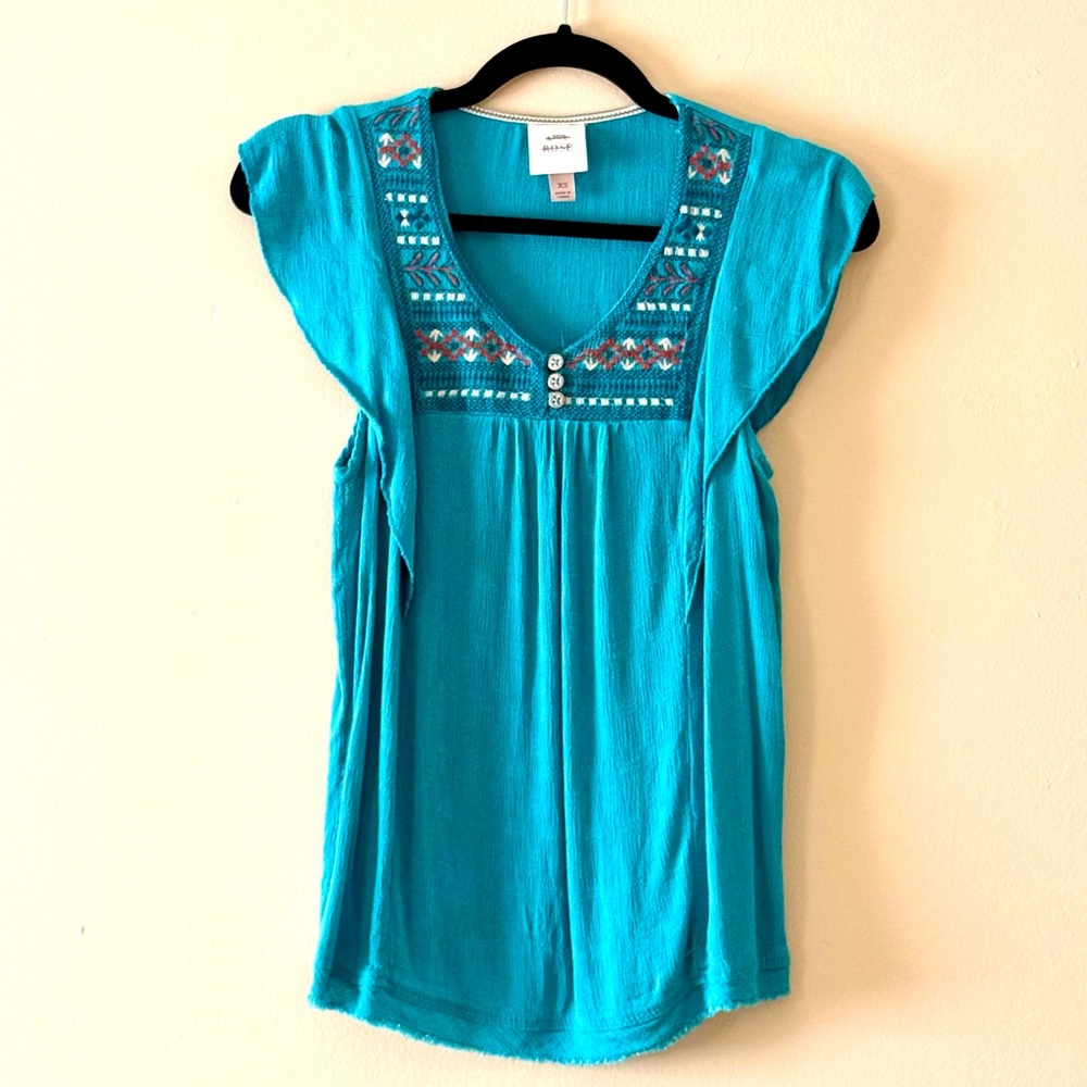 Blue embroidered cotton blouse with buttons